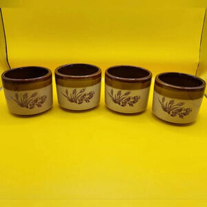 Vtg Sears Roebuck Espresso Coffee Tea Cups Glazed Stonewear Wheat Pattern Set 4